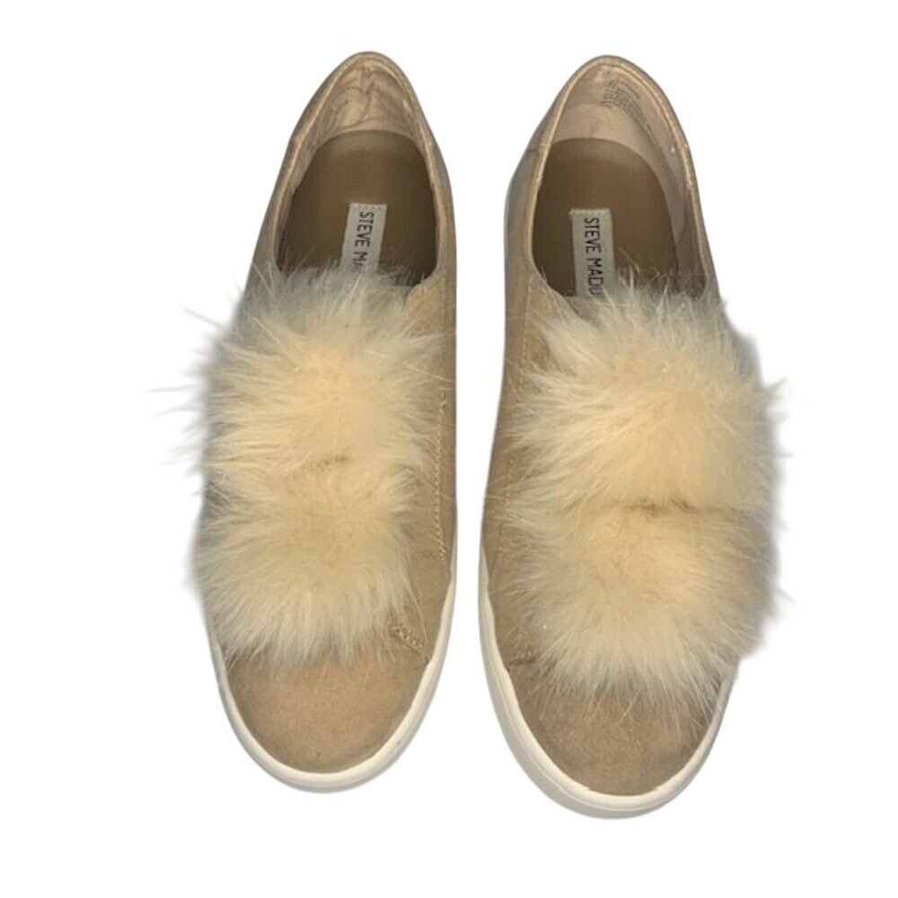 Steve Madden Poof Faux Fur Platform Slides 9 Tan Slip On Mules Slippers‎ EUC